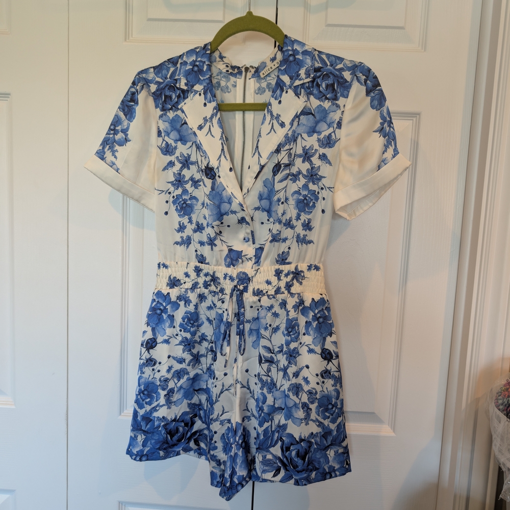 Alice + Olivia White and Blue Floral Romper